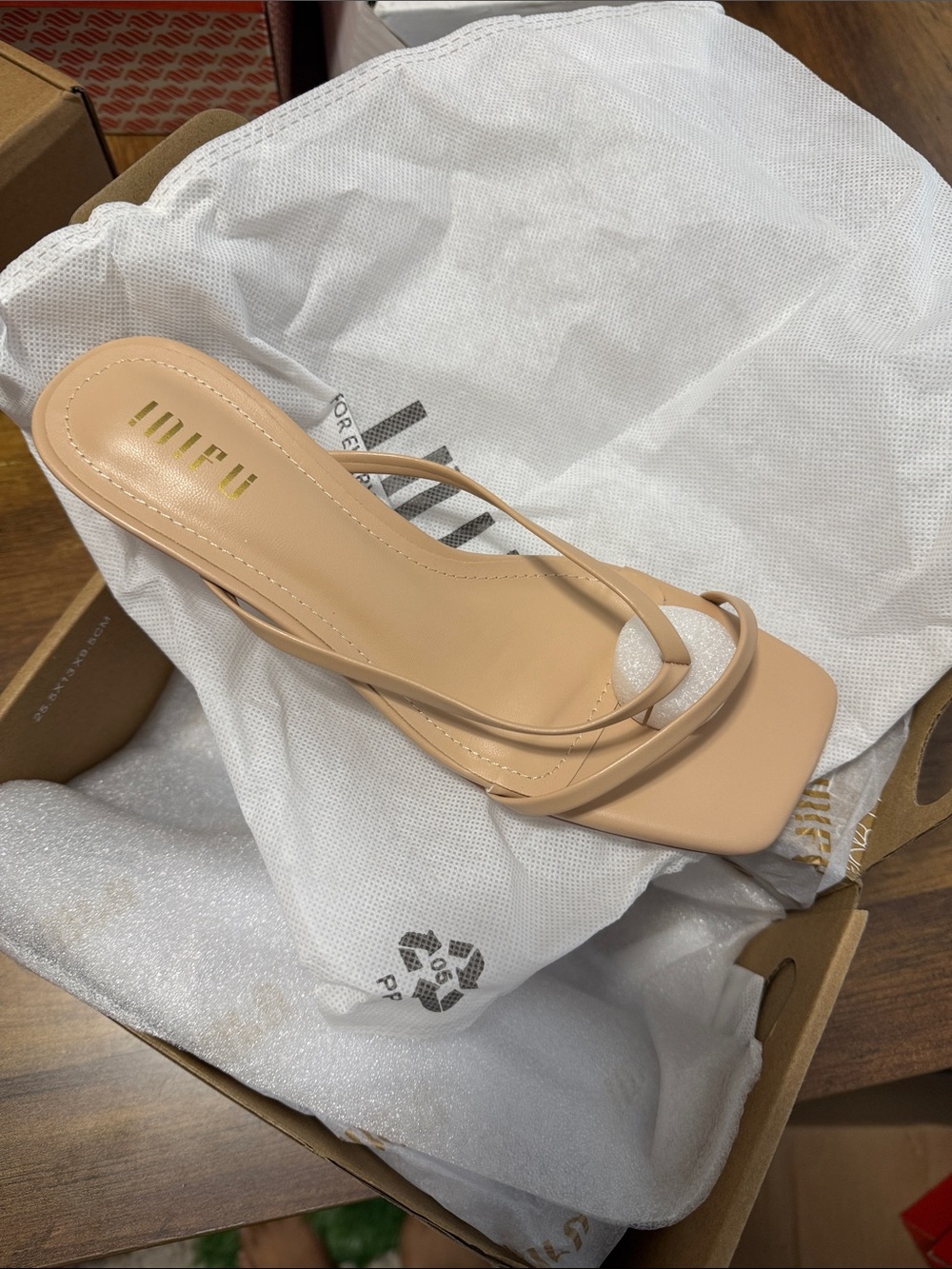 IDIFU Nude Strappy Square-Toe Mid Heel Sandal